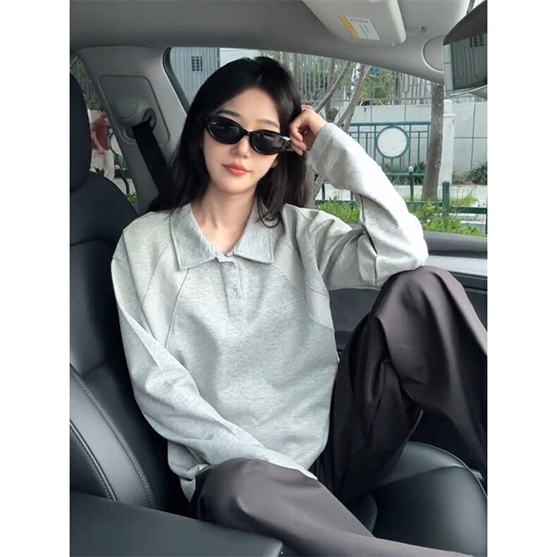 抖音得物高品质美式高街重磅曼巴棉结构螺纹拼接翻领卫衣长袖T恤,男装T恤,电商A486
