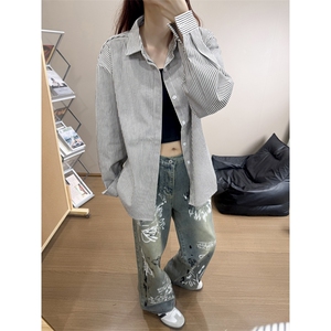 B221 美式ins高街暗黑宽松条纹长袖衬衫SY2540-特P35控59图片