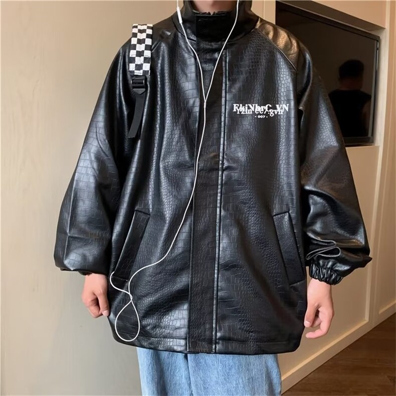 翻领皮衣外套男款秋冬美式皮夹克男潮牌字母宽松上衣JK08512-P63,男装夹克,星座308B-1