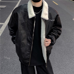 美式复古加绒保暖羊羔绒pu皮棉衣外套男宽松加厚棉服机车服p128图片