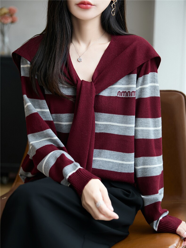 2025新款法师披肩撞色条纹针织毛衣带披肩条纹上衣针织小衫女,针织衫/毛衣,时尚风爆