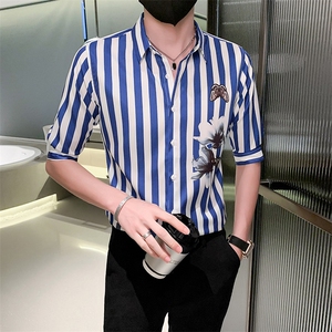 蓝 痞帅男夏装中袖新款男士衬衫休闲印花寸衣男301A-1/CS362/P55图片