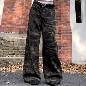 K8305-P43无品牌潮流新款美式复古直筒小众迷彩牛仔裤男女