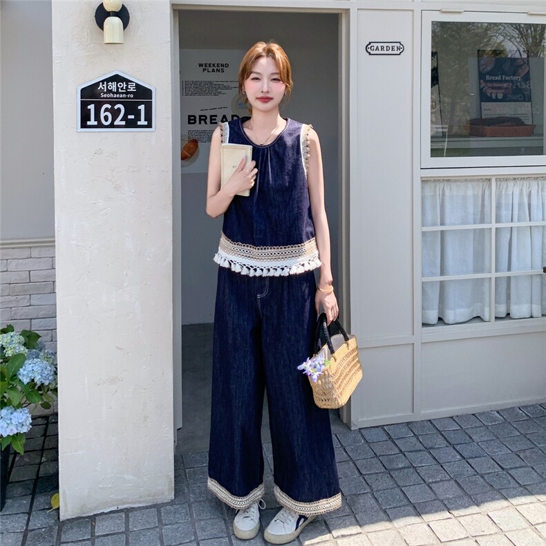 复古民族风牛仔套装女2025夏新款韩版显瘦设计感背心阔腿裤两件套图片