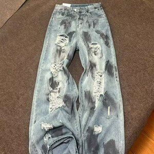 现货 美式做旧脏脏破洞乞丐牛仔裤男女直筒裤K8342特P48图片