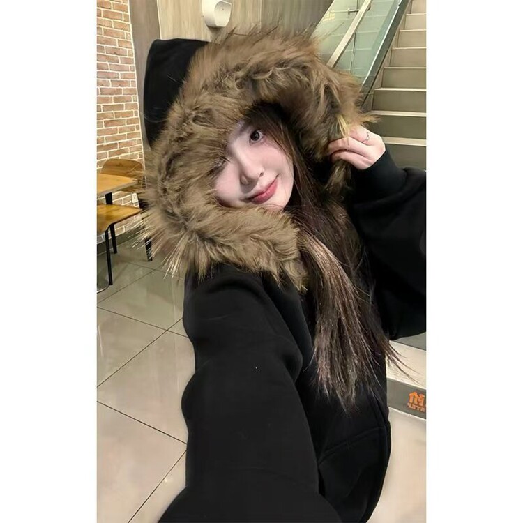 谁穿谁爱!!!【复古毛领】美式拉链开衫连帽卫衣女INS韩版加绒外套,女装短外套,星座218-8