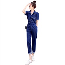 2024夏季新款简约时尚个性气质翻领抽绳收腰显瘦牛仔连体长裤，女装连体裤，瑶迪依秀