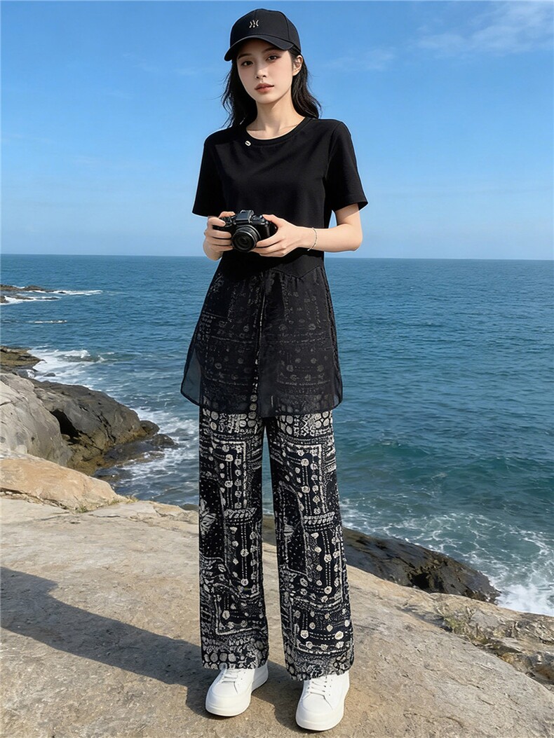 设计感小众时尚气质套装女夏圆领网纱拼接短袖上衣碎花长裤两件套,女装套装/套裙,江南