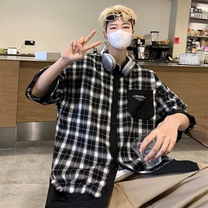 标准气质青春流行五分袖新款时尚潮衬衫格子百搭原宿男潮流夏季图片