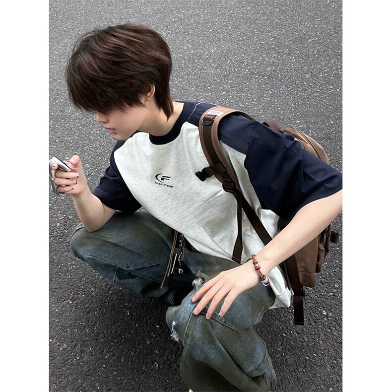 抖音得物高品质二开240克宽松纯棉美式潮牌插肩袖拼接短袖T恤，男装T恤，电商A486-1