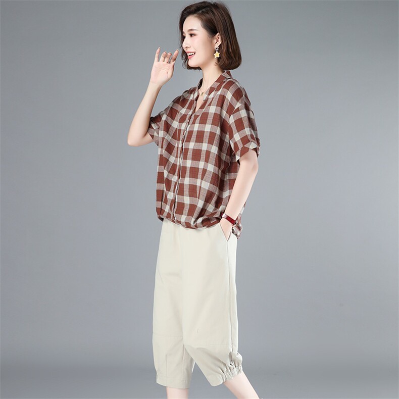 2021年夏季时尚方格V领短袖百搭舒适百搭两件套，女装套装/套裙，丽影随形