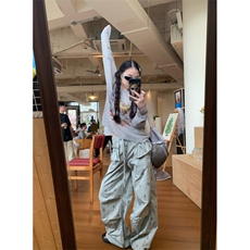 美式条纹满印工装裤女秋季休闲褶皱阔腿裤可拆卸屁帘LB30933-P50，男装工装外套，星座1008