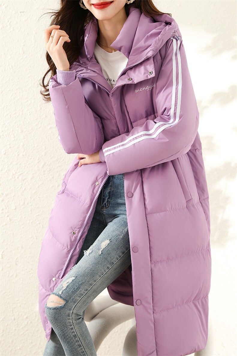 【现货】紫色中长款加厚羽绒服女撞色条纹边直筒,女装羽绒服,梦懿尔