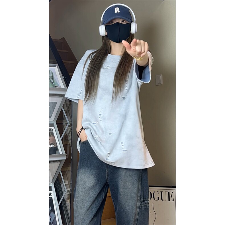 美式破洞短袖T恤男夏季潮牌半袖衣服宽松重磅体恤衫T3650-特价P33,男装T恤,电商A007
