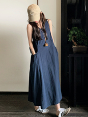 深蓝色圆领无袖连衣裙女2025夏季新款韩系设计感气质显瘦背心长裙，女装连衣裙，浙宝220