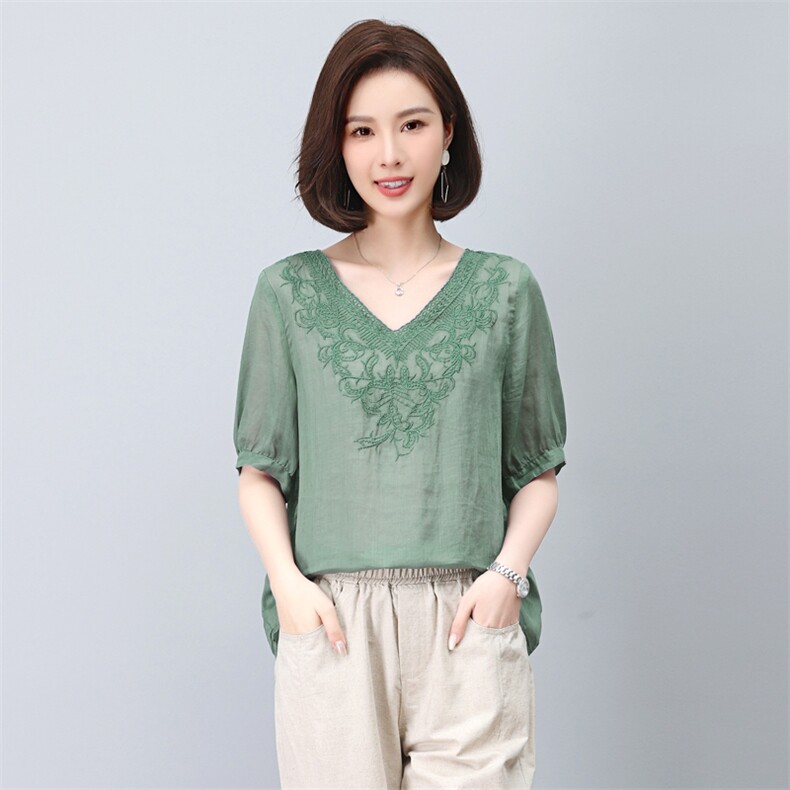苎麻衬衫女短袖2023新款夏季v领刺绣衬衣小个子妈妈小衫显瘦上衣,女装T恤,涵誉