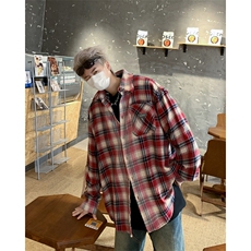 美式复古格纹拼色长袖衬衫男宽松春季高街流苏设计开衫潮，男装衬衫，星座410-7