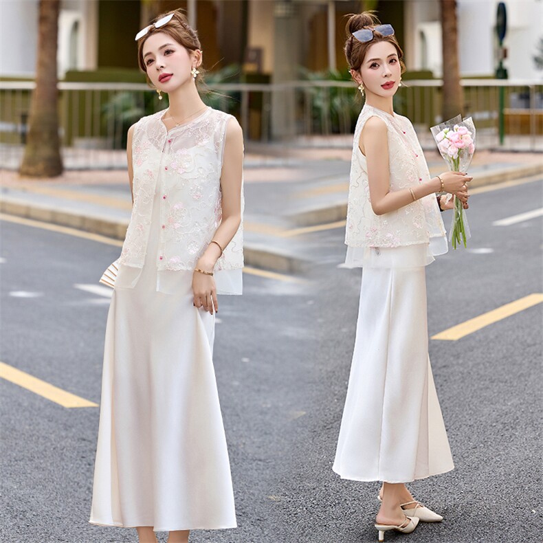 夏季薄款纱重工刺绣新中式马甲背心套装中国2025，女装套装/套裙，依多米