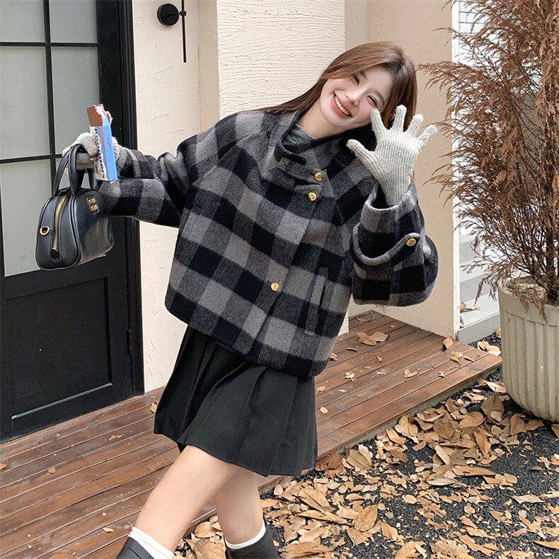 美式复古格纹双面羊绒外套女秋冬超火好看高级感加厚毛呢夹克上衣图片