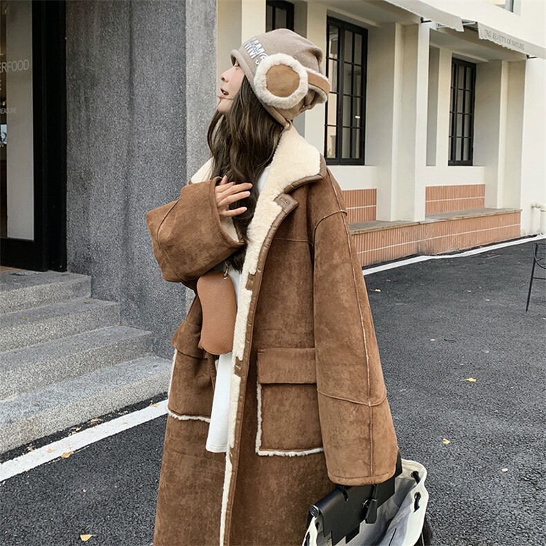 韩系氛围感两面穿麂皮绒羊羔毛外套女冬季长款加厚皮毛一体大衣潮,女装短外套,2B183