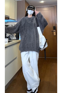 韩式文艺纯色圆领毛衣加绒软糯毛茸茸打底针织衫上衣HY609TP60图片