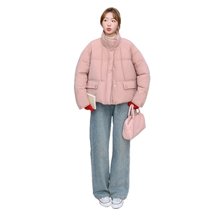 韩版粉色短款立领羽绒服女2025年冬季新款显瘦加厚保暖白鸭绒外套图片