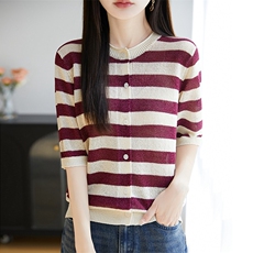 条纹天丝针织短袖开衫T恤女2025夏季新款宽松圆领薄百搭小衫上衣，女装蕾丝衫/雪纺衫，暖烁羊绒