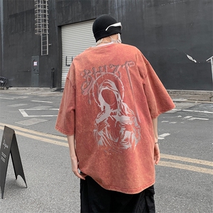 B239-1069-P38 复古水洗做旧 夏季美式印花 半袖高街重磅短袖T恤图片