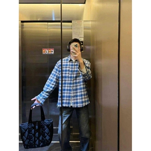 美式格纹长袖衬衫复古个性撞色破坏毛边工艺格子衬衣男女潮图片