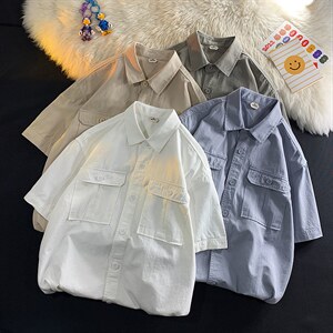 2024夏季纯色短袖情侣男女衬衫学生潮流  E301 P55限78图片