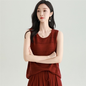 2025秋冬百搭时尚简约圆领无袖镂空针织衫，女装针织衫/毛衣，雅之冉羊绒