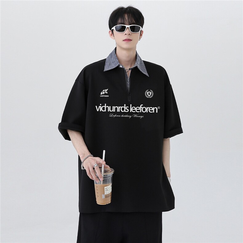 日系街头假两件插肩袖翻领条纹半拉链半袖POLO衫短袖T恤T252-P48，男装Polo衫，电商C307