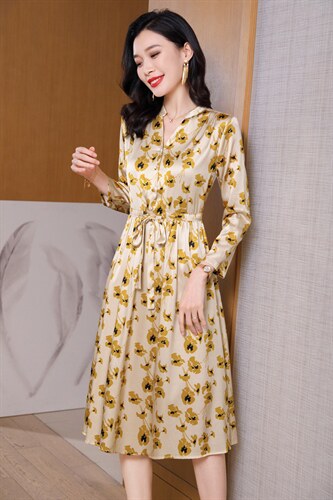 杭州重磅真丝连衣裙女长袖2026春装新款收腰气质印花显瘦真丝裙图片