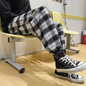 K2057-P45夏季冰丝格子潮流宽松百搭男女情侣休闲运动长裤控58图片