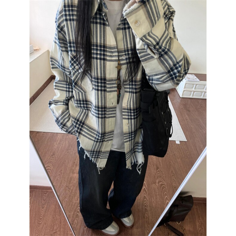 日系格子衬衫男长袖毛边春秋休闲男生衬衣外套C909,男装衬衫,星座1116A（原606A-3）