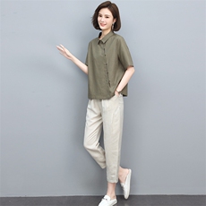 时尚休闲套装女2025新款夏装薄款棉麻翻领韩版宽松显瘦洋气两件套，女装套装/套裙，忆绮罗