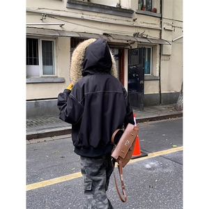 现货重磅boxy短款棉衣座山雕大毛毛领男女棉服水洗工装厚外套图片
