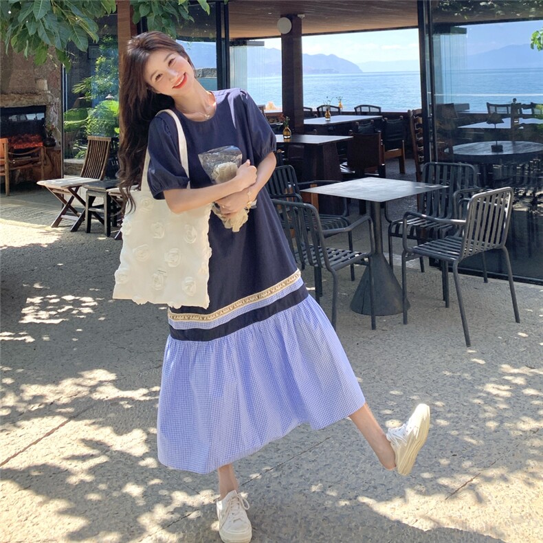 黑色泡泡袖轻熟风休闲显瘦t恤裙夏季新款设计感宽松气质连衣裙女,女装连衣裙,2D076