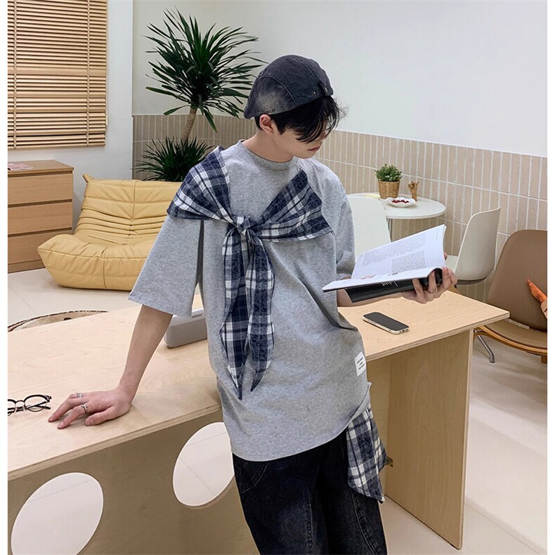 拼接格子布装饰高品质260克双纱纯棉美式高街短袖T恤特P35，男装T恤，电商A486