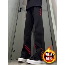 斜杠三条纹红黑撞色拼接休闲长裤加绒加厚直筒牛仔裤K8003P48网图，男装牛仔裤，电商B245