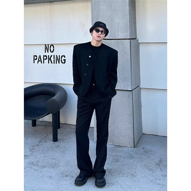 小众黑色高级感无领西装外套男优雅极简垫肩西服礼服诘襟短款制服,男装西服,星座506A