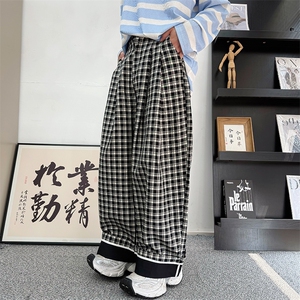 CK03/P78控108秋季中性风阔腿条纹格子慵懒休闲裤男女可穿黑首图片