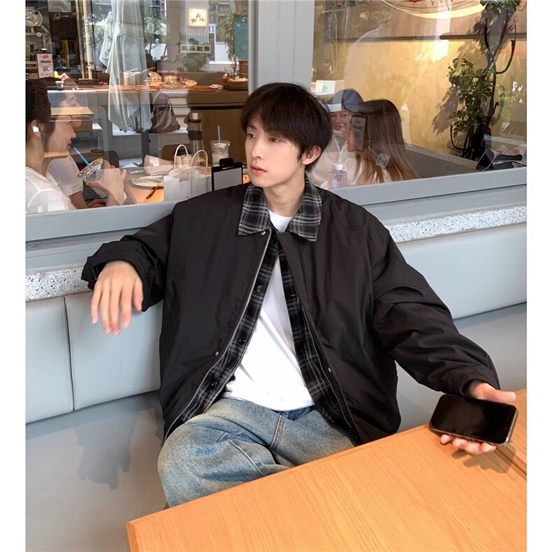古着vintage棕色外套男秋冬美拉德穿搭假两件夹克棉服翻领棒球服图片