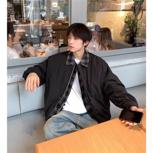 古着vintage棕色外套男秋冬美拉德穿搭假两件夹克棉服翻领棒球服图片