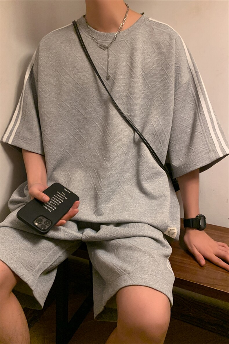 TZ83335/P65夏季新款短袖短裤t恤休闲宽松提花大码两件套套装男,男装休闲套装,电商A141