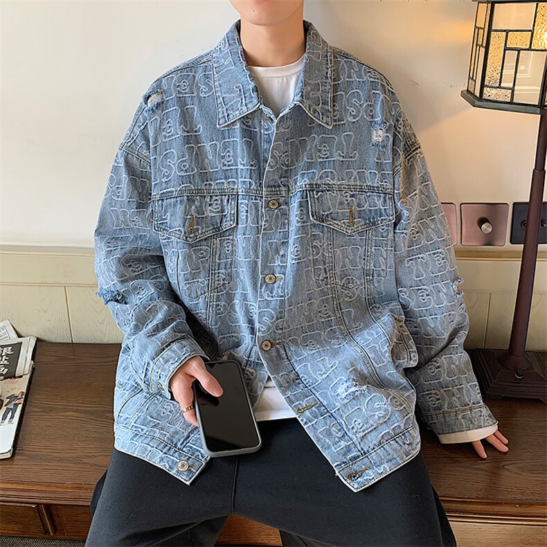 2023早春破洞满印牛仔情侣外套翻领宽松小众设计感夹克JK962-P76,男装夹克,星座1103-3