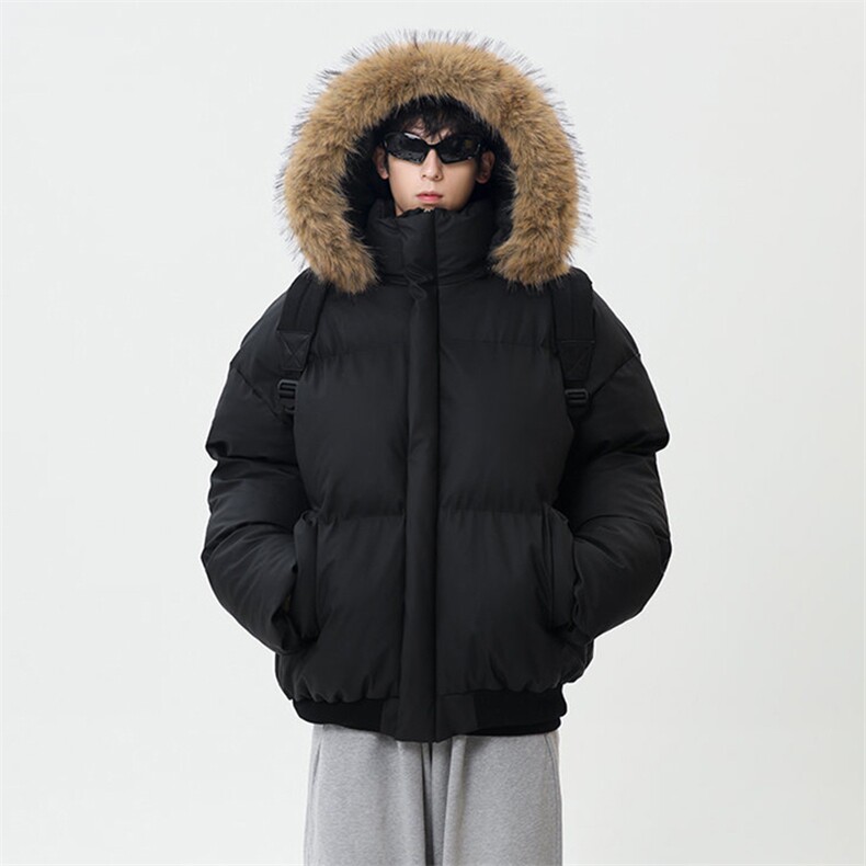 现货三防重磅硬挺boxy短款羽绒棉衣座山雕大毛毛领PU皮棉服外套冬，男装棉衣，电商A486-1