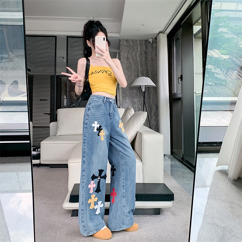 AK2324-P60美式辣妹彩绘十字架拼接牛仔女街头设计感牛仔长裤,女装休闲裤,星座617A-2