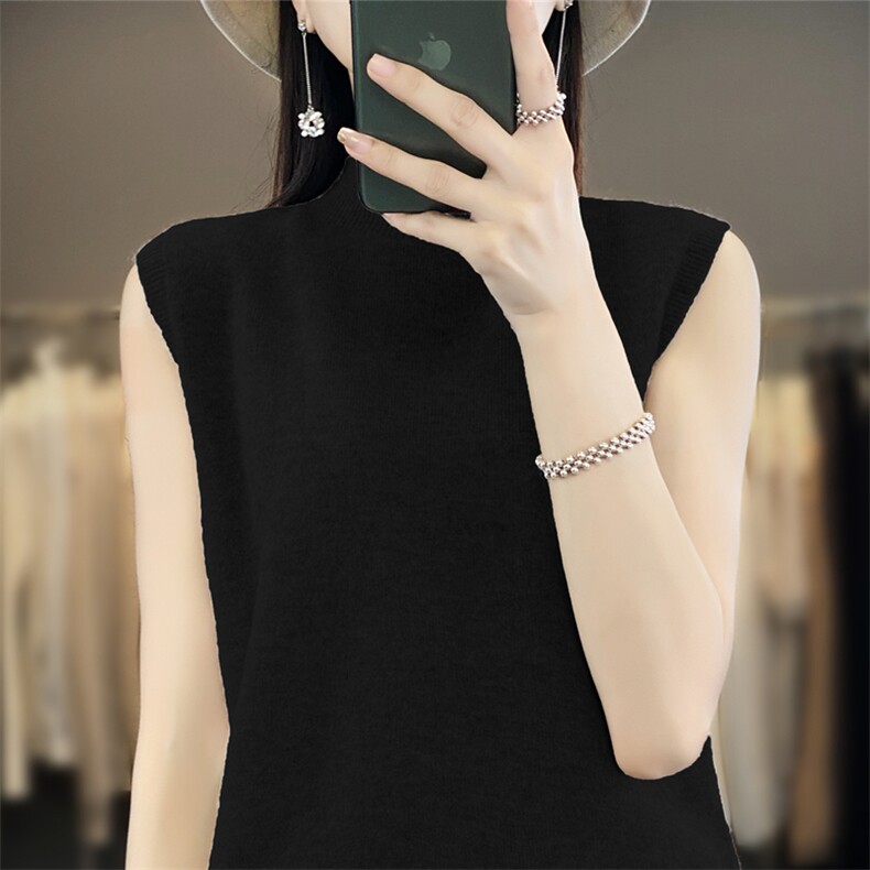 一线成衣秋冬半高领针织背心女无袖修身韩版外穿羊毛马甲内搭，女装背心吊带，斯美雅安迪绒