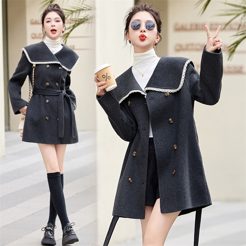 2024冬季新款海军领减龄气质中长款系腰带显瘦羊毛外套，女装双面呢大衣，乐吉娜